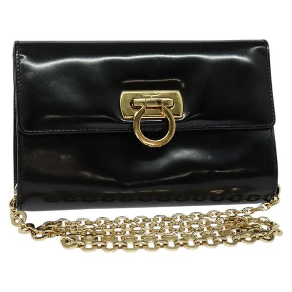 Salvatore Ferragamo Handbags - Salvatore Ferragamo Gancini Chain Bag Patent Leather Black Gold